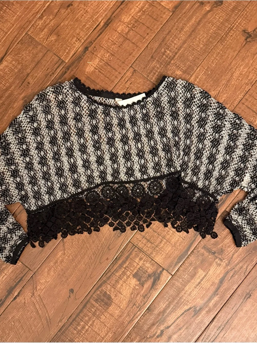 Free People New Romantics Crochet Lace Crop Sweater Black Ivory XS Boho Festival